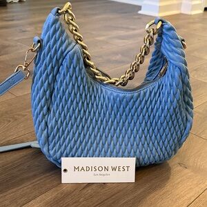 Madison West Textured Blue Crossbody Bag with Gold Chain